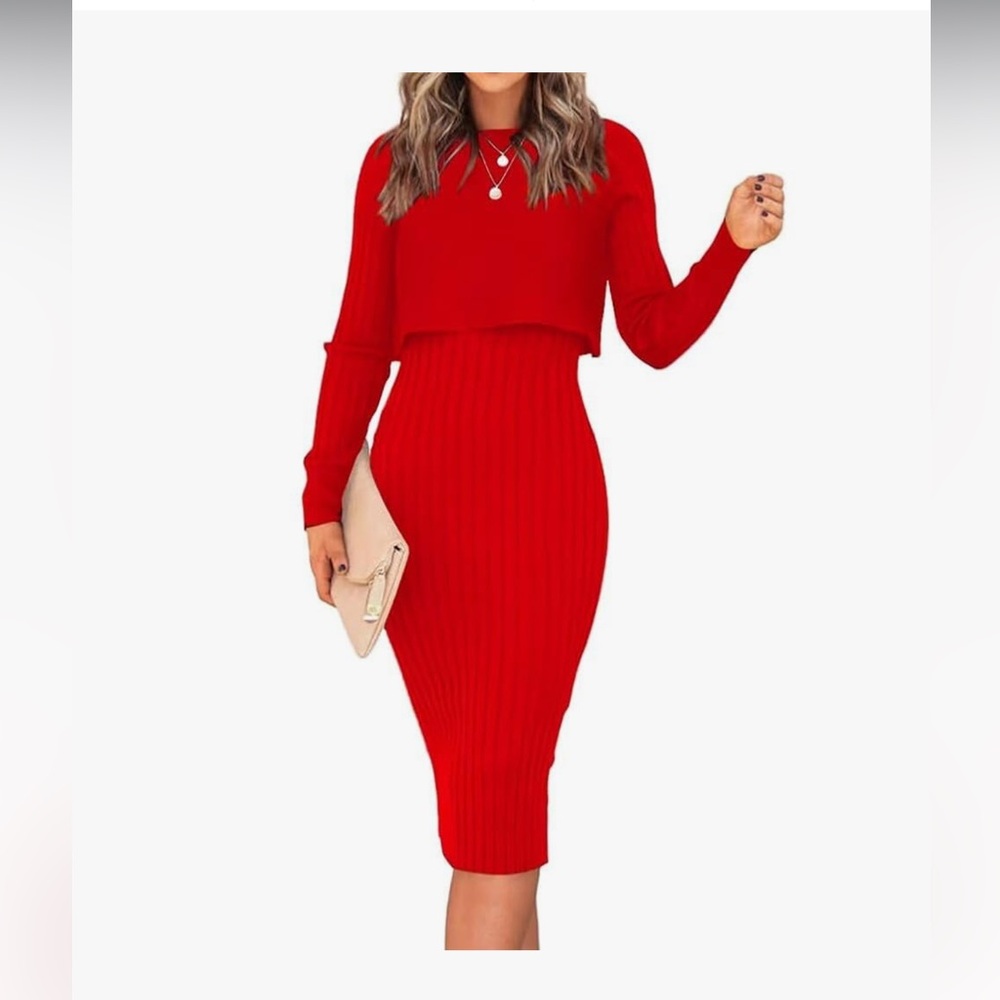 Amazon Red Sheath Dress with Cuffed Long Sleeves and Polo Collar TWO PIECE